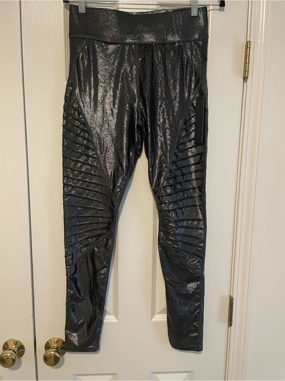 Carbon38 Metallic Black Moto Panel Leggings